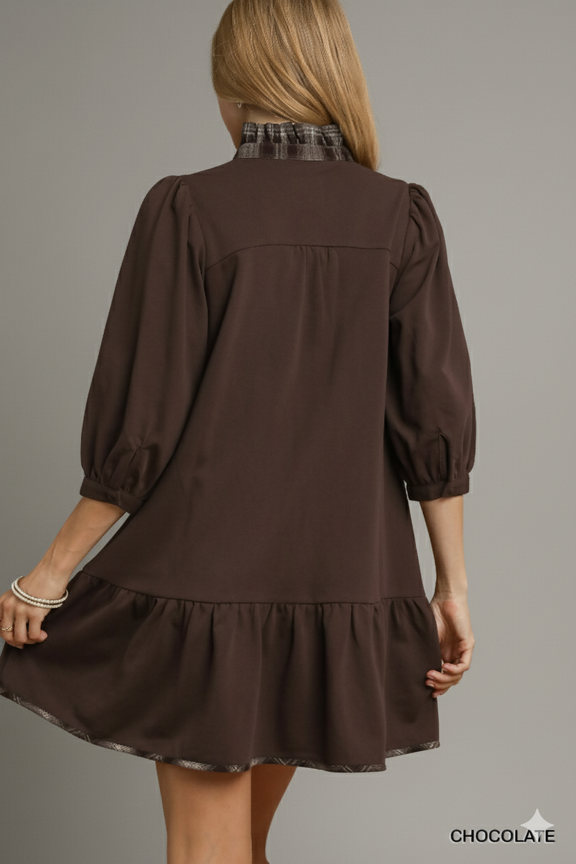 Soft French Terry Ruffle-Hem Dress with Stylish Plaid Trim