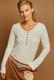 Effortlessly Feminine Ribbed Knit Top with Lace Accents & Half-Button Details