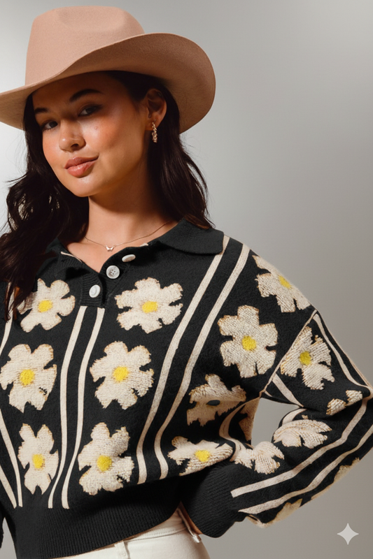 Chic Floral‑Stripe Polo‑Collar Sweater – Vibrant Knit with Preppy Flair