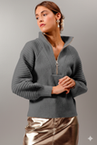 Stylish Half‑Zip Mock‑Neck Ribbed Sweater with Trendy Balloon Sleeves