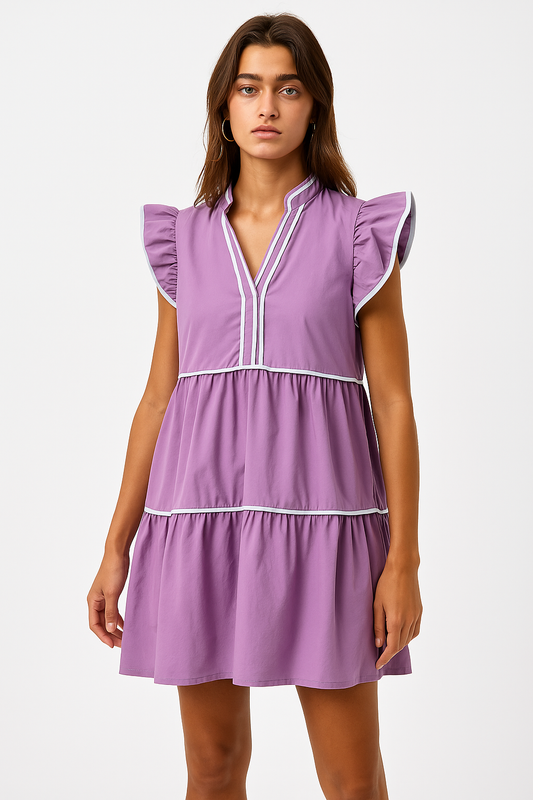 Playful Tiered Ruffle Dress with Contrast Binding – Game Day Ready Style