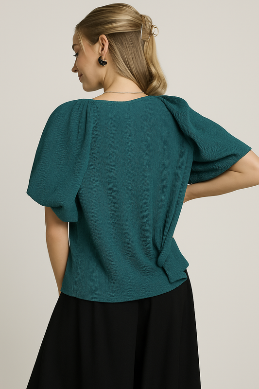 Flattering Textured Flutter-Sleeve Notch‑Neck Women’s Top – Stretchy, Stylish & Versatile